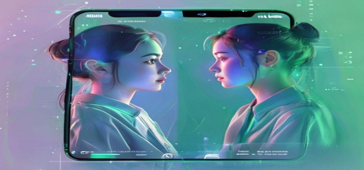 ai女友应用界面展示：手机屏幕中温柔的虚拟女友正在与用户进行深夜情感对话，青绿渐变背景，画面充满温度与科技感